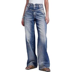 Flamingals Straight Leg High Rise Baggy Button Wash Stitch Detail Notched Denim Jeans with Pockets