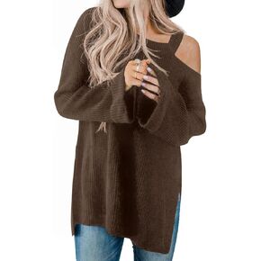 GRECERELLE Womens Cold Shoulder Sweater Loose Fit Pullover Long Sleeves Round Neck Winter Warm Casual Tops
