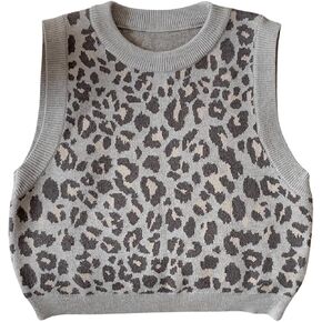 Women's Leopard Print Sweater Vest Round Neck Sleeveless Knitted Cheetah Pullover Top