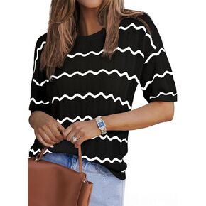 EVALESS Womens Short Sleeve Sweaters Spring Summer Crochet Knit Tops Crewneck Striped T Shirts Casual Blouses for Women