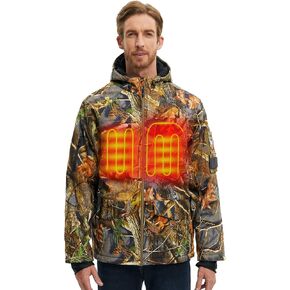 CONQUECO Men's Soft Shell Heated Jacket Waterproof Camo Hunting Hoodie Jacket with Battery Pack