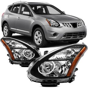 Headlights Assembly Compatible With 2008-2013 Nissan Rogue, 2014-2015 Nissan Rogue Select Chrome Housing Amber Reflector, Halogen Model Replacement Headlamps Pair