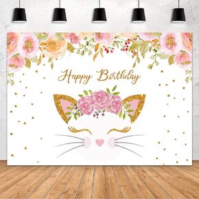 MEHOFOND Pink Cat Birthday Party Decorations Backdrop for Girl Birthday Party Pink Floral Cute Meow Pet Party Supplies Photography Background Banner Cake Table Photo Booth Props Vinyl 7x5ft