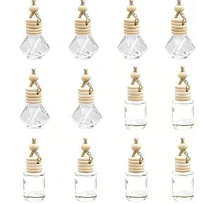 12Packs Refillable Car Air Freshener Perfume Bottle Hanging Car Diffuser Bottle Aromatherapy Oil Diffuser Glass Bottle Pendant Clear Essential Oil Bottle with Wooden Caps & Hanging String