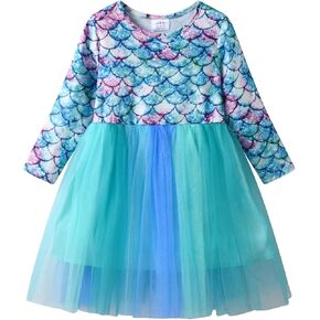 VIKITA Girls Rainbow Mermaid Tutu Dress Long Sleeve Sparkling Scales Party Tulle Princess Dresses for 3-10 Years