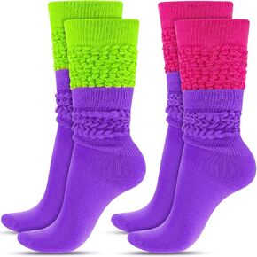 JenPen 2 Pairs Neon Slouch Socks for Women 80s 90s Scrunch Socks Heavy Soft Extra Long Scrunchie Socks Size 9 to 10(Rose Red-purple, Fluorescent Green-purple)