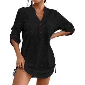 Bsubseach Women Swimsuit Coverups V Neck Long Roll-up Sleeve Pollover Top Beach Cover Up Dress Shirt with Pocket