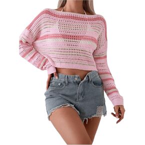 Milumia Women's Y2K Striped Crochet Cropped Sweaters Hollow Out Long Sleeve Knit Mesh Color Block Crop Top