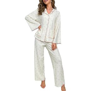 Verdusa Women's 2 Piece Floral Pajama Sets Lettuce Trim Sleepwear Button Up Long Sleeve Shirt with Pants Sets