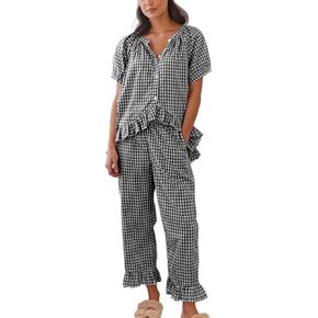 Women Y2k Plaid Pajamas Set Short Sleeve Ruffle Hem Peplum Shirt Gingham Wide Leg Pants 2 Piece Lounge Set
