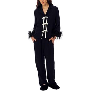 DSORVICD Women Christmas Satin Pajamas Sets Cute Feather Long Sleeve Button Down Shirt and Pants Set Xmas 2 Piece Loungewear