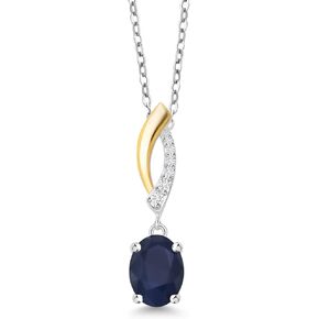 Gem Stone King 925 Sterling Silver and 10K Yellow Gold Blue Sapphire and White Lab Grown Diamond Pendant Necklace For Women (1.85 Cttw, Gemstone September Birthstone, with 18 Inch Silver Chain)