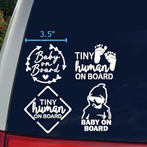 Baby On Board Decal 4 Pack: Baby On Board Heart Arrows, Tiny Human On Board Sign, Baby Foot Prints, Baby On Board Sunglasses Decals (White, Small ~3.5")