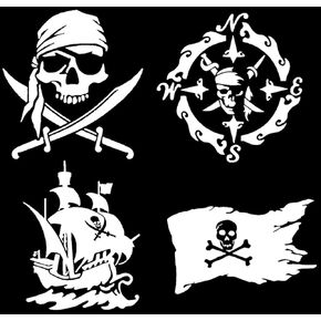 Pirate Decals 4 Pack: Skull and Swords, Pirate Ship, Pirate Flag, Pirate Compass (White, PiratesOne Small~3.5")