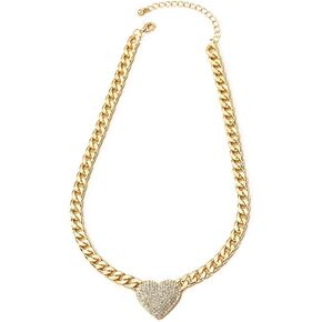 Caiyao Chunky Cuban Link CZ Heart Pendant Statement Necklace for Women Silver Heart Choker Gold Heart Necklace Flat Figaro Chain Rhinestone Heart Necklace Christmas Birthday Jewelry Gift