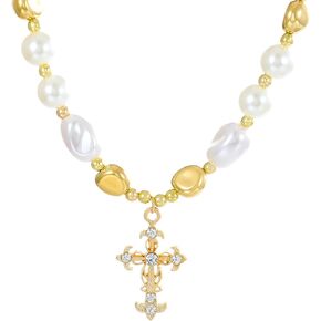 WCRAZYE خمر القوطية الصليب قلادة قلادة للنساء خمر حجر الراين سلتيك الصليب قلادة طويلة قلادة اللؤلؤ مطرز المختنق قلادة الإيمان حماية مجوهرات الهالوين in Kuwait