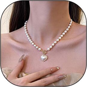 Heart Pendant Pearl Toggle Choker Necklace for Women Dainty Gold Plated Geometric Round Beaded OT Necklace Vintage Wedding Love Jewelry Accessories