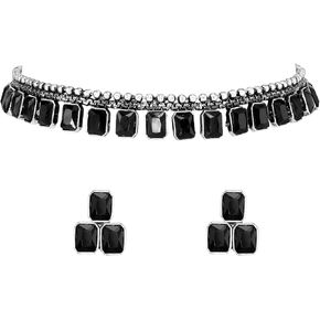 Aheli Silver Plated Rani Pink Synthetic Stone Studded Choker Necklace Drop Earrings Ethnic Jewellery Set Gift for Women