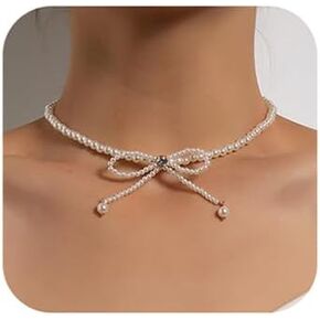 Dainty Pearl Rhinestone Necklace Bow Pearl Chain Choker Necklace White Pearl Beaded Necklace Prom Party Bar Accessories for Women in Saudi Arabia