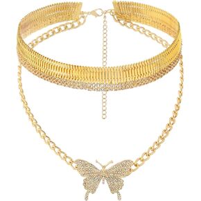 ELABEST Rhinestone Butterfly Choker Layered Butterfly Pendant Necklaces Gold Silver Chain for Women