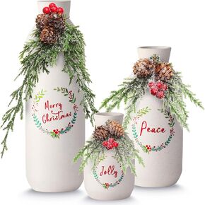 Christmas Vase Set of 3, White Ceramic Vase with Mixed Artificial Xmas Pine Decorative Vase for Christmas Centerpiece Table Decorations