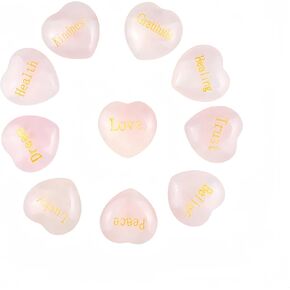 10 PCS Natural Rose Quartz Heart Crystals Set – Healing Stones with Inspirational Words for Meditation, Energy Balancing, and Spiritual Practices
