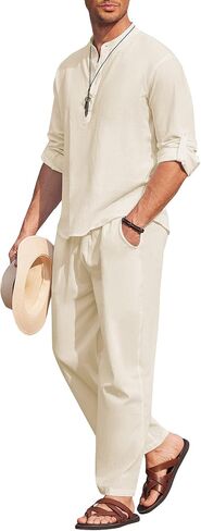 COOFANDY Men's 2 Pieces Cotton Linen Set Long Sleeve Henley Shirts Casual Beach Pants With Pockets Summer Yoga Outfits in Saudi Arabia
