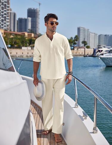 COOFANDY Men's 2 Pieces Cotton Linen Set Long Sleeve Henley Shirts Casual Beach Pants With Pockets Summer Yoga Outfits in Saudi Arabia