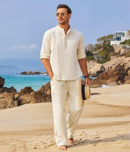 COOFANDY Men's 2 Pieces Cotton Linen Set Long Sleeve Henley Shirts Casual Beach Pants With Pockets Summer Yoga Outfits in Saudi Arabia