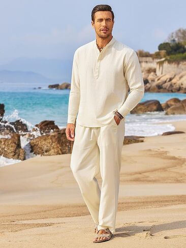 COOFANDY Men's 2 Pieces Cotton Linen Set Long Sleeve Henley Shirts Casual Beach Pants With Pockets Summer Yoga Outfits in Saudi Arabia