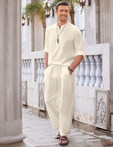 COOFANDY Men's 2 Pieces Cotton Linen Set Long Sleeve Henley Shirts Casual Beach Pants With Pockets Summer Yoga Outfits in Saudi Arabia