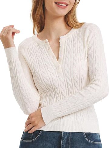 Women Button-Up Pullover Sweaters - Trendy Slim-Fit Crewneck Sweater Tops : Long Sleeve Knit Top Fall Solid Shirts in Saudi Arabia