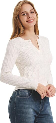 Women Button-Up Pullover Sweaters - Trendy Slim-Fit Crewneck Sweater Tops : Long Sleeve Knit Top Fall Solid Shirts in Saudi Arabia
