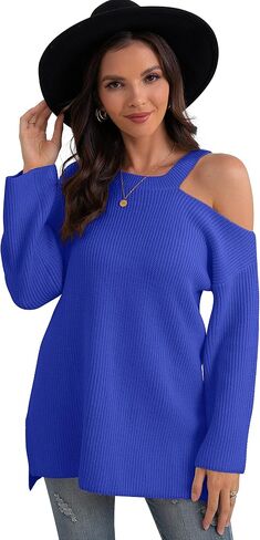 GRECERELLE Womens Cold Shoulder Sweater Loose Fit Pullover Long Sleeves Round Neck Winter Warm Casual Tops in Saudi Arabia