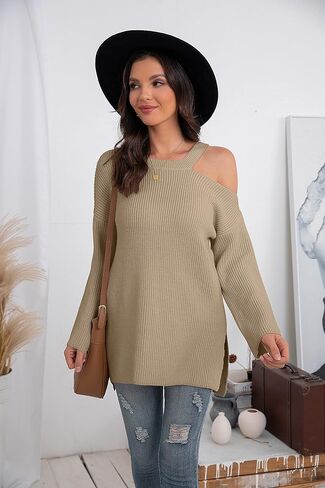 GRECERELLE Womens Cold Shoulder Sweater Loose Fit Pullover Long Sleeves Round Neck Winter Warm Casual Tops in Saudi Arabia