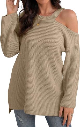 GRECERELLE Womens Cold Shoulder Sweater Loose Fit Pullover Long Sleeves Round Neck Winter Warm Casual Tops in Saudi Arabia