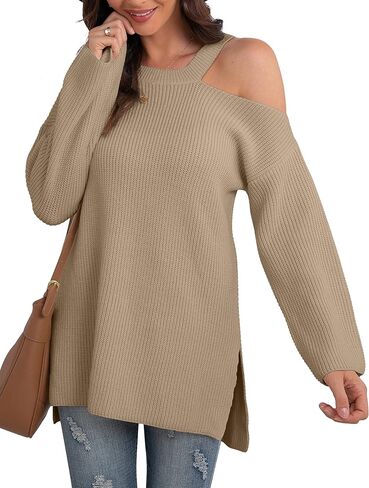 GRECERELLE Womens Cold Shoulder Sweater Loose Fit Pullover Long Sleeves Round Neck Winter Warm Casual Tops in Saudi Arabia