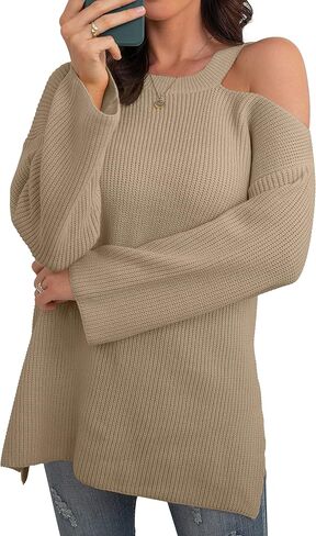 GRECERELLE Womens Cold Shoulder Sweater Loose Fit Pullover Long Sleeves Round Neck Winter Warm Casual Tops in Saudi Arabia