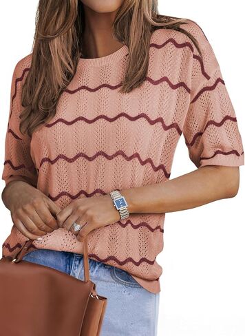 EVALESS Womens Short Sleeve Sweaters Spring Summer Crochet Knit Tops Crewneck Striped T Shirts Casual Blouses for Women in Saudi Arabia