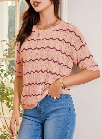 EVALESS Womens Short Sleeve Sweaters Spring Summer Crochet Knit Tops Crewneck Striped T Shirts Casual Blouses for Women in Saudi Arabia