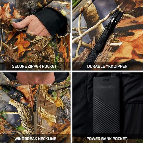 CONQUECO Men's Soft Shell Heated Jacket Waterproof Camo Hunting Hoodie Jacket with Battery Pack in Saudi Arabia