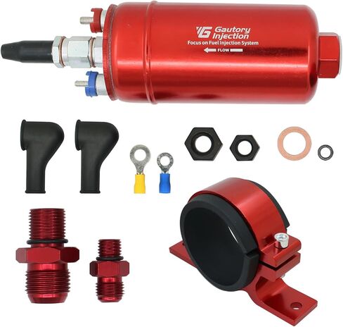Universal External Inline Fuel Pump kit with Mounting Bracket Clamp 300LPH High Flow 6AN 8AN 12V Red in Kuwait