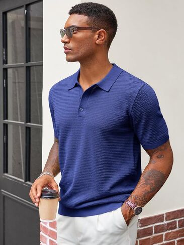 Runcati Mens Knit Polo Shirts Short Sleeve Casual Hollow Out Shirt Texture Classic Golf Polo in Saudi Arabia