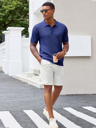 Runcati Mens Knit Polo Shirts Short Sleeve Casual Hollow Out Shirt Texture Classic Golf Polo in Saudi Arabia