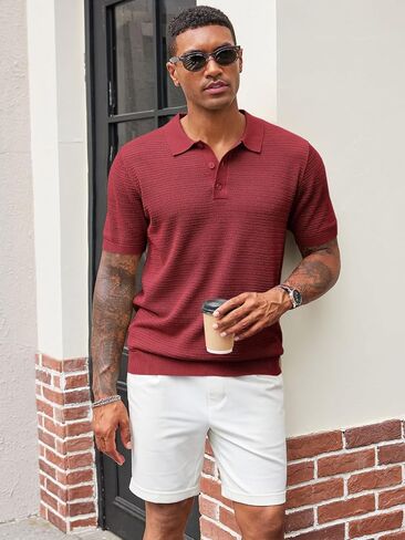 Runcati Mens Knit Polo Shirts Short Sleeve Casual Hollow Out Shirt Texture Classic Golf Polo in Saudi Arabia