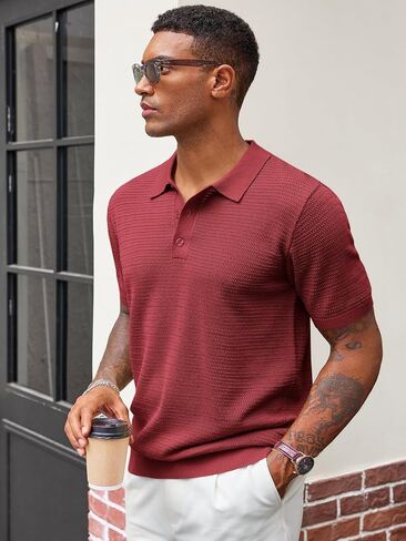 Runcati Mens Knit Polo Shirts Short Sleeve Casual Hollow Out Shirt Texture Classic Golf Polo in Saudi Arabia