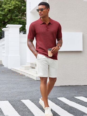 Runcati Mens Knit Polo Shirts Short Sleeve Casual Hollow Out Shirt Texture Classic Golf Polo in Saudi Arabia
