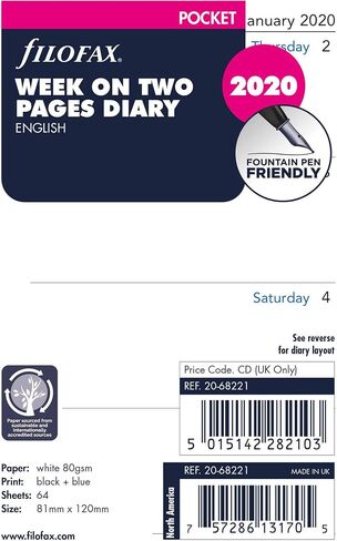 Filofax Calendar Diary Refill, Pocket Size, Week-to-View, White Paper, Unruled, English, 2025 (C68221-25) in Saudi Arabia