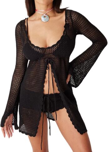 Women Crochet Tunic Beach Cover Up Sexy Front Slit Tie Waist Bikini Bathing Suit Long Sleeve Knit Top Cover Ups in Saudi Arabia