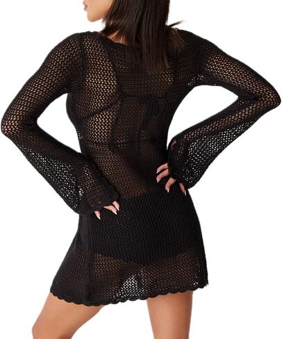 Women Crochet Tunic Beach Cover Up Sexy Front Slit Tie Waist Bikini Bathing Suit Long Sleeve Knit Top Cover Ups in Saudi Arabia